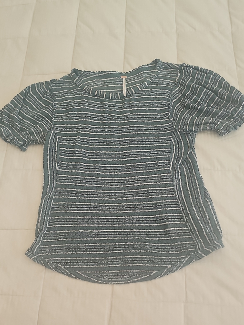 Vintage Free People Teal White Stripe Puff Sleeve Knit Top Medium